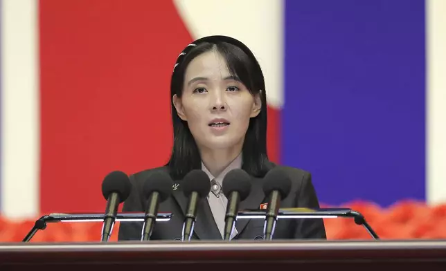 FILE - This photo provided by the North Korean government, Kim Yo Jong, sister of North Korean leader Kim Jong Un, delivers a speech during a national meeting against the coronavirus, in Pyongyang, North Korea, on Aug. 10, 2022. Independent journalists were not given access to cover the event depicted in this image distributed by the North Korean government. The content of this image is as provided and cannot be independently verified. (Korean Central News Agency/Korea News Service via AP, File)