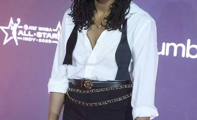 Indiana Fever's Kelsey Mitchell poses on the orange carpet for WNBA All Star basketball events, Thursday, July 17, 2025, in Indianapolis. (AP Photo/Darron Cummings)