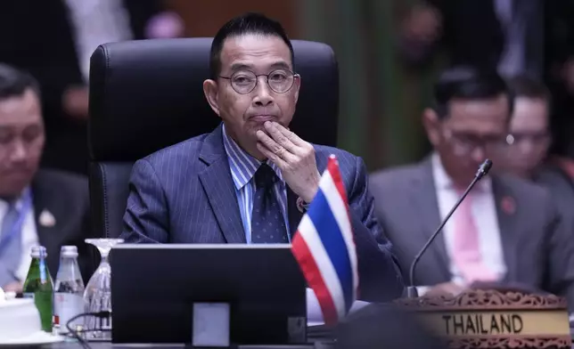 Thailand's Foreign Minister Maris Sangiampongsa attends a plenary session of the Association of Southeast Asian Nations (ASEAN) Foreign Ministers' meeting at the Convention Centre in Kuala Lumpur, Malaysia, Wednesday, July 9, 2025. (AP Photo/Vincent Thian)