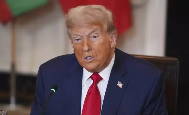 President Donald Trump speaks during a lunch with African leaders in the State Dining Room of the White House, Wednesday, July 9, 2025, in Washington. (AP Photo/Evan Vucci)
