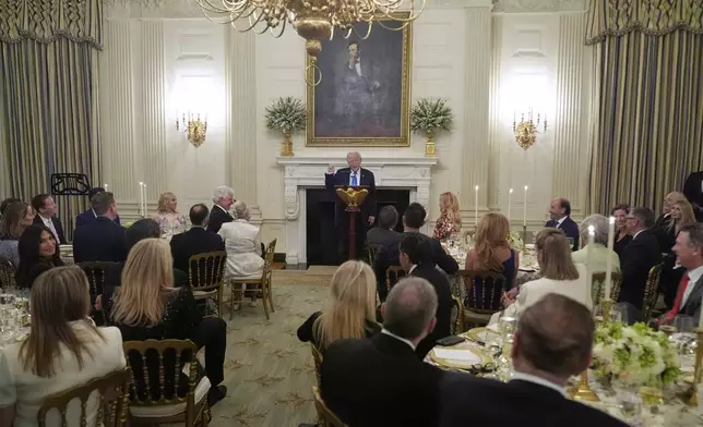 FILE - President Donald Trump speaks during a Kennedy Center board dinner in the State Dining Room at the White House, May 19, 2025, in Washington. (AP Photo/Manuel Balce Ceneta, File)