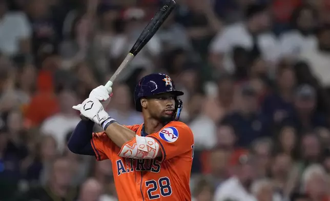 Houston Astros' Brice Matthews takes his first Major League at bat during the second inning of a baseball game against the Texas Rangers, Friday, July 11, 2025, in Houston. (AP Photo/Kevin M. Cox)