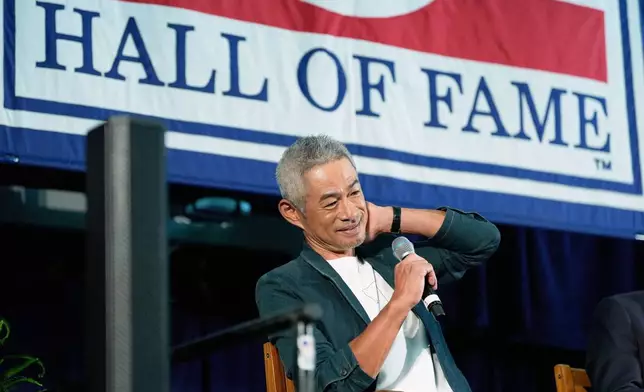 Baseball Hall of Fame inductee Ichiro Suzuki speaks to reporters during a news conference in Cooperstown, N.Y., Saturday, July 26, 2025. (AP Photo/Seth Wenig)