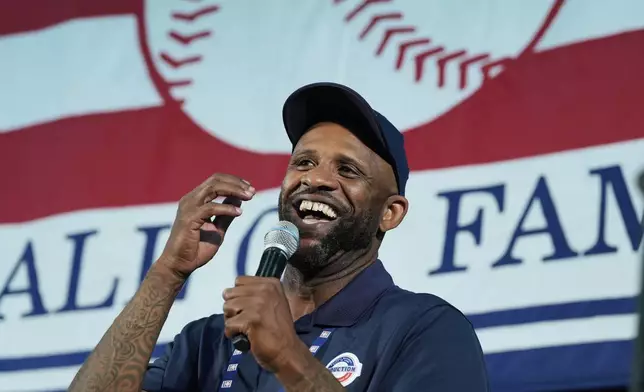 Baseball Hall of Fame inductee CC Sabathia speaks to reporters during a news conference in Cooperstown, N.Y., Saturday, July 26, 2025. (AP Photo/Seth Wenig)
