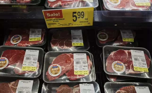 FILE - A price for beef is displayed on a shelf at a grocery store in Mount Prospect, Ill., Thursday, July 17, 2025. (AP Photo/Nam Y. Huh, File)