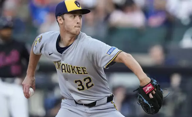 Milwaukee Brewers' Jacob Misiorowski pitches during the first inning in the second baseball game of a doubleheader against the New York Mets Wednesday, July 2, 2025, in New York. (AP Photo/Frank Franklin II)