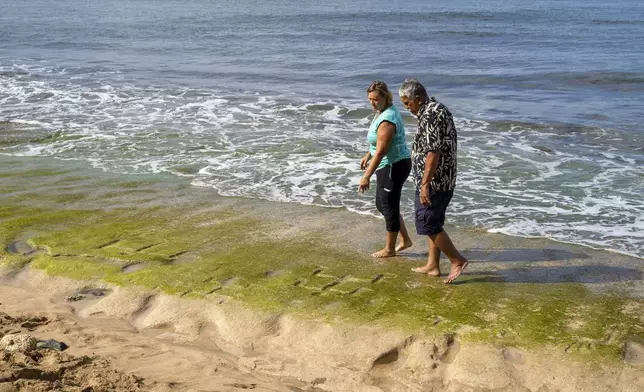Archaeologist Laura Gilda of the U.S. Army Garrison Hawaii Environmental Division, left, and cultural practitioner Glen Kila walk along the shoreline near exposed petroglyphs at Pokai Bay, July 22, 2025, in Waianae, Hawaii. (AP Photo/Mengshin Lin)
