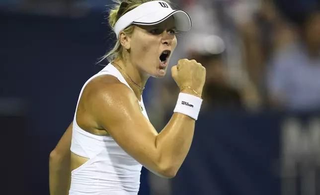 Peyton Stearns reacts during a match against Venus Williams at the Citi Open tennis tournament Tuesday, July 22, 2025, in Washington. (AP Photo/Nick Wass)