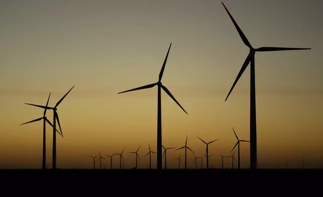 FILE - Wind turbines stretch across the horizon at dusk at the Spearville Wind Farm, Sept. 29, 2024, near Spearville, Kan. (AP Photo/Charlie Riedel, File)