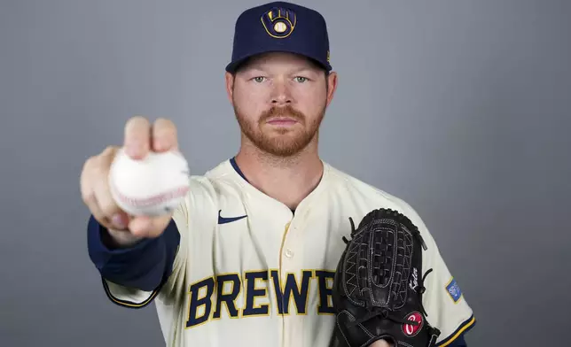 A Feb. 21, 2025 photo of pitcher Brandon Woodruff of the Milwaukee Brewers baseball team. (AP Photo/Lindsey Wasson)