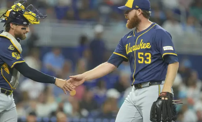 Milwaukee Brewers pitcher Brandon Woodruff (53) shakes hands with catcher Eric Haase at the end of the third inning of a baseball game against the Miami Marlins, Sunday, July 6, 2025, in Miami. (AP Photo/Marta Lavandier)