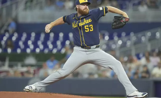 Milwaukee Brewers starting pitcher Brandon Woodruff (53) aims a pitch during the second inning of a baseball game against the Miami Marlins, Sunday, July 6, 2025, in Miami. (AP Photo/Marta Lavandier)