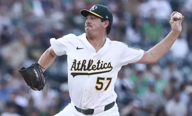 Athletics pitcher Jacob Lopez throws to the Toronto Blue Jays during the first inning of a baseball game Saturday, July 12, 2025, in West Sacramento, Calif. (AP Photo/Sara Nevis)
