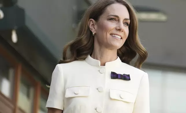 Britain's Kate, Princess of Wales arrives to attend the women's singles final between Poland's Iga Swiątek and Amanda Anisimova of the US at the Wimbledon Tennis Championships in London, Saturday, July 12, 2025. (Jordan Pettitt/Pool via AP)