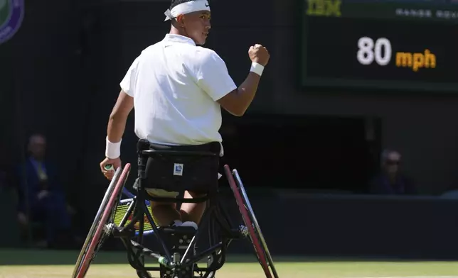 Tokito Oda of Japan reacts during the men's wheelchair singles final match against Alfie Hewett of Britain at the Wimbledon Tennis Championships in London, Sunday, July 13, 2025.(AP Photo/Joanna Chan)