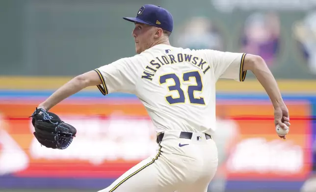 Milwaukee Brewers pitcher Jacob Misiorowski throws to the Chicago Cubs during the first inning of a baseball game, Monday, July 28, 2025, in Milwaukee. (AP Photo/Jeffrey Phelps)