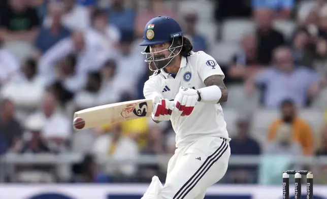 India's KL Rahul plays a shot on the fourth day of the fourth cricket test match between England and India at Emirates Old Trafford, Manchester, England, July 26, 2025.(AP Photo/Jon Super)