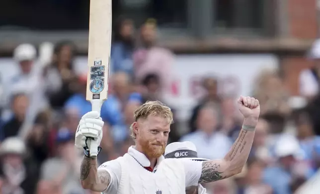 England's captain Ben Stokes celebrates after scoring a century on the fourth day of the fourth cricket test match between England and India at Emirates Old Trafford, Manchester, England, July 26, 2025.(AP Photo/Jon Super)