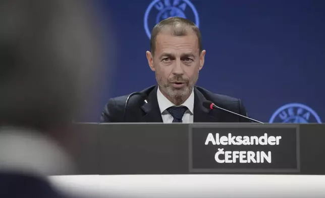 FILE -UEFA President Aleksander Ceferin speaks during a press conference after the 49th ordinary UEFA congress, in Belgrade, Serbia, April 3, 2025. (AP Photo/Darko Vojinovic, File)