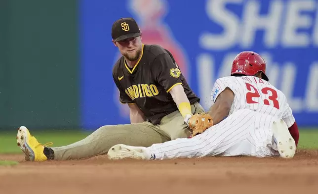 Philadelphia Phillies' Johan Rojas, right, steals second past San Diego Padres second baseman Jake Cronenworth during the seventh inning in the second baseball game of a doubleheader Wednesday, July 2, 2025, in Philadelphia. (AP Photo/Matt Slocum)