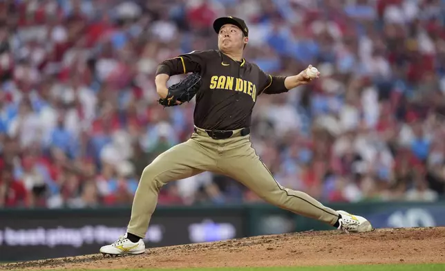 San Diego Padres' Yuki Matsui pitches during the seventh inning in the second baseball game of a doubleheader against the Philadelphia Phillies Wednesday, July 2, 2025, in Philadelphia. (AP Photo/Matt Slocum)
