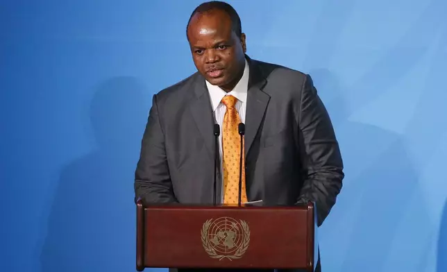 FILE - Eswatini's King Mswati III addresses the Climate Action Summit in the United Nations General Assembly at U.N. headquarters, Sept. 23, 2019. (AP Photo/Jason DeCrow, File)