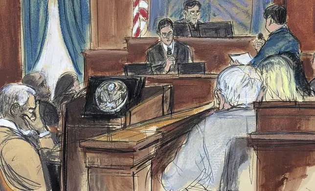 In this courtroom sketch, Sean "Diddy" Combs, far left, reacts as the jury foreman reads the verdict convicting him of prostitution-related offenses but acquitting him of sex trafficking and racketeering charges that could have put him behind bars for life, Wednesday, July 2, 2025, in Manhattan federal court in New York. (Elizabeth Williams via AP)