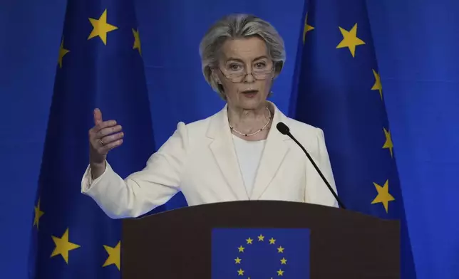 President of the European Commission Ursula von der Leyen speaks during a press conference with President of the European Council Antonio Costa after attending the China EU Summit with Chinese leaders, in Beijing, Thursday, July 24, 2025. (AP Photo/Andy Wong)