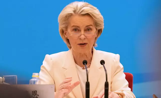 European Commission President Ursula von der Leyen speaks during the EU-China Business leaders symposium at the Great Hall of the People in Beijing, China, Thursday, July 24, 2025. (AP Photo/Mahesh Kumar A., Pool)