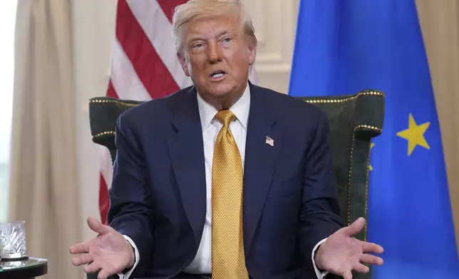 President Donald Trump gestures as he meets European Commission President Ursula von der Leyen at the Trump Turnberry golf course in Turnberry, Scotland Sunday, July 27, 2025. (AP Photo/Jacquelyn Martin)