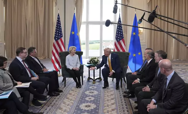 President Donald Trump meets European Commission President Ursula von der Leyen for talks at the Trump Turnberry golf course in Turnberry, Scotland Sunday, July 27, 2025. (AP Photo/Jacquelyn Martin)