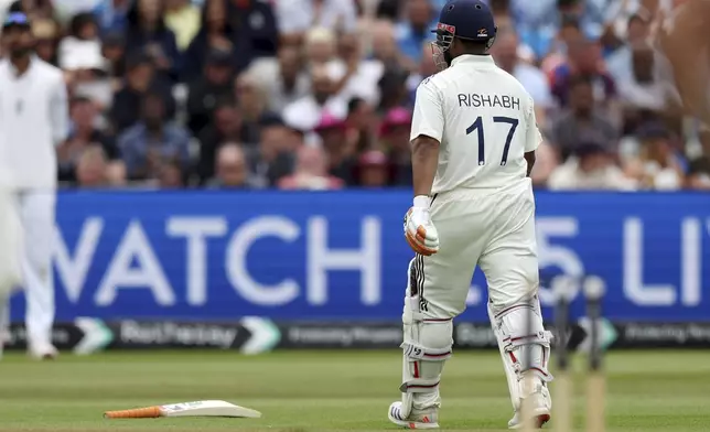 India's Rishabh Pant recovers his bat during day four of the second cricket test match between England and India at Edgbaston in Birmingham, England, Saturday, July 5, 2025. (AP Photo/Scott Heppell)