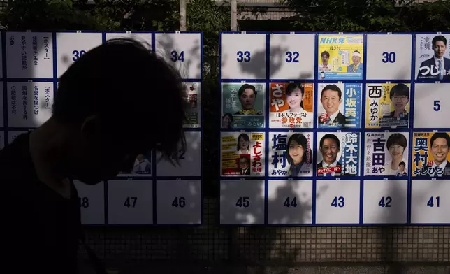 A pedestrian passes an election board displaying posters of candidates for the upcoming July 20 upper house election in Tokyo, Friday, July 18, 2025. (AP Photo/Louise Delmotte)