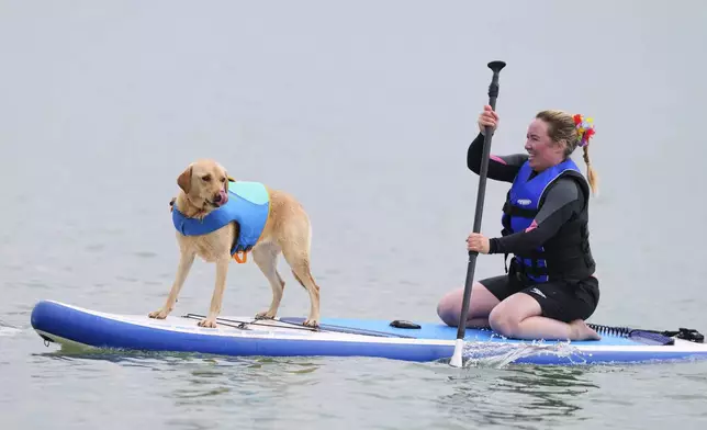 Jo and Tarni compete at Dog Masters Festival, a dog on a paddle board contest near Poole in Dorset, England, Sunday, July 27, 2025. (AP Photo/Kirsty Wigglesworth)