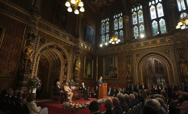 French President Emmanuel Macron addresses parliament in the Palace of Westminster, London, Tuesday, July 8, 2025.(AP Photo/Alastair Grant, Pool)