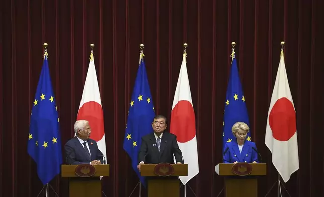 From left: European Council President António Costa, Japanese Prime Minister Shigeru Ishiba and European Commission President Ursula von der Leyen hold a joint news conference after their meeting at Prime Minister Office in Tokyo, Japan, Wednesday, July 23, 2025. (David Mareuil/Pool Photo via AP)