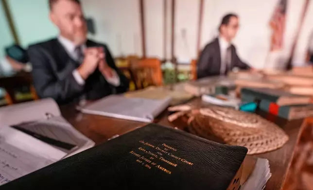 A Bible is placed on the set during a rehearsal for the play "Destiny in Dayton", July 8, 2025, in Dayton, Tenn. (AP Photo/Mike Stewart)