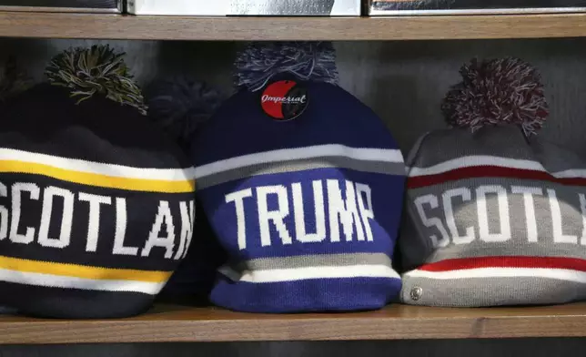FILE - Merchandise on sale at the Trump International golf course in Balmedie, Scotland, Oct. 6, 2017. (AP Photo/Renee Graham, File)