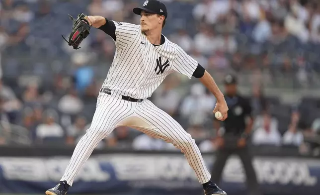 New York Yankees' Max Fried pitches during the first inning of a baseball game against the Tampa Bay Rays Tuesday, July 29, 2025, in New York. (AP Photo/Frank Franklin II)