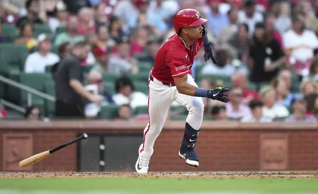 St. Louis Cardinals' Masyn Winn watches his two-run double during the fourth inning of a baseball game against the San Diego Padres Friday, July 25, 2025, in St. Louis. (AP Photo/Jeff Roberson)