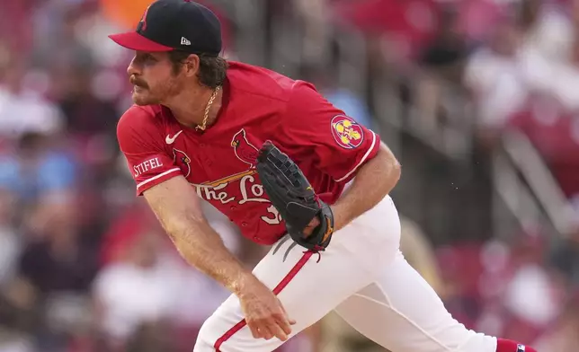 St. Louis Cardinals starting pitcher Miles Mikolas throws during the first inning of a baseball game against the San Diego Padres Friday, July 25, 2025, in St. Louis. (AP Photo/Jeff Roberson)