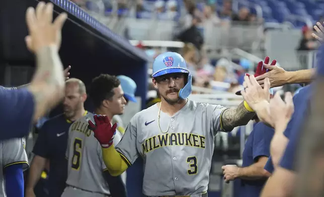 Milwaukee Brewers' Joey Ortiz (3) is congratulated in the dugout after scoring on a double hit by William Contreras during the third inning of a baseball game against the Miami Marlins, Friday, July 4, 2025, in Miami. (AP Photo/Lynne Sladky)