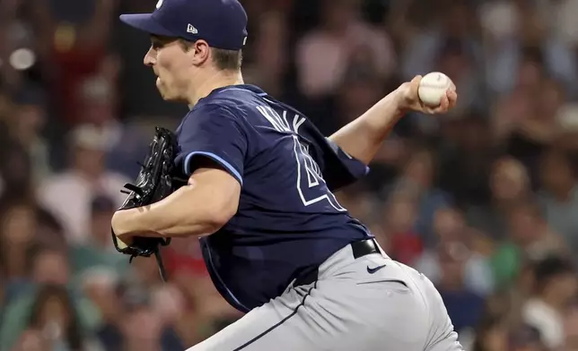 Tampa Bay Rays pitcher Kevin Kelly delivers during the seventh inning of a baseball game against the Boston Red Sox, Friday, July 11, 2025, in Boston. (AP Photo/Mark Stockwell)