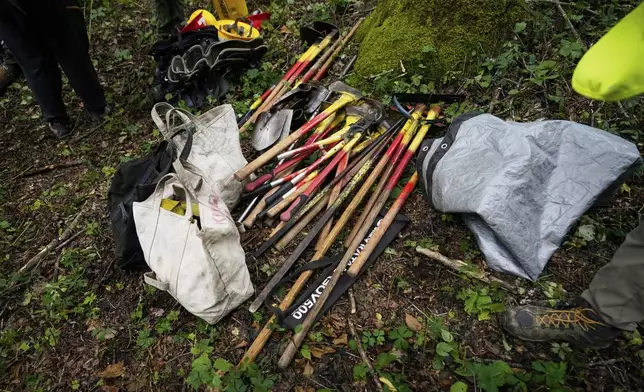 Tools and other supplies are seen during a trail rebuilding project near the Cherry Gap Shelter along the Appalachian Trail during a trail rebuilding project, July 22, 2025, in Unicoi, Tenn. (AP Photo/Erik Verduzco)