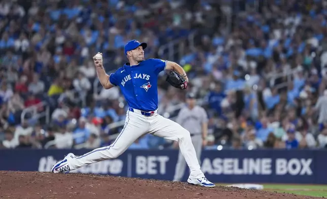 Toronto Blue Jays pitcher Max Scherzer throws against the New York Yankees during fifth-inning baseball game action in Toronto, Monday, June 30, 2025. (Thomas Skrlj/The Canadian Press via AP)