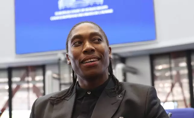 South Africa's Caster Semenya sits in the European Court of Human Rights before its decision over sex eligibility rules in sports, Thursday, July 10, 2025 in Strasbourg, eastern France. (AP Photo/Antonin Utz)