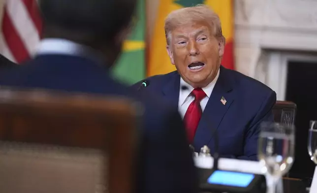 President Donald Trump speaks during a lunch with African leaders in the State Dining Room of the White House, Wednesday, July 9, 2025, in Washington. (AP Photo/Evan Vucci)