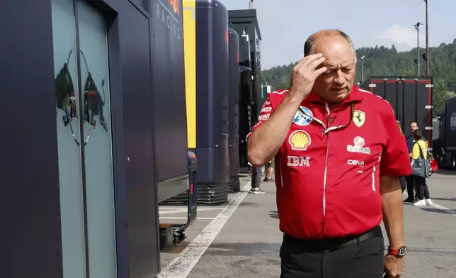 Ferrari team principal Frederic Vasseur outside the team garage prior to the first practice session ahead of the Formula One Grand Prix at the Spa-Francorchamps racetrack in Spa, Belgium, Friday, July 25, 2025. (AP Photo/Geert Vanden Wijngaert)