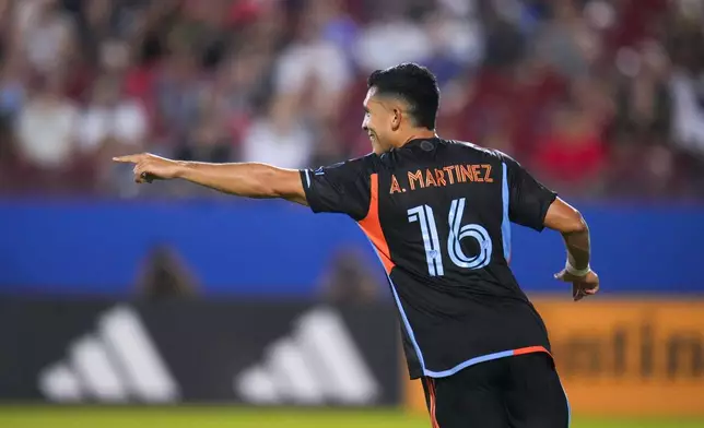 New York City FC forward Alonso Martínez reacts after scoring a goal against FC Dallas during the second half of an MLS soccer match Friday, July 25, 2025 in Frisco, Texas. (AP Photo/Julio Cortez)