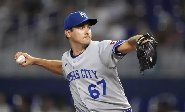Kansas City Royals starting pitcher Seth Lugo pitches during the second inning of a baseball game against the Miami Marlins, Friday, July 18, 2025, in Miami. (AP Photo/Rebecca Blackwell)